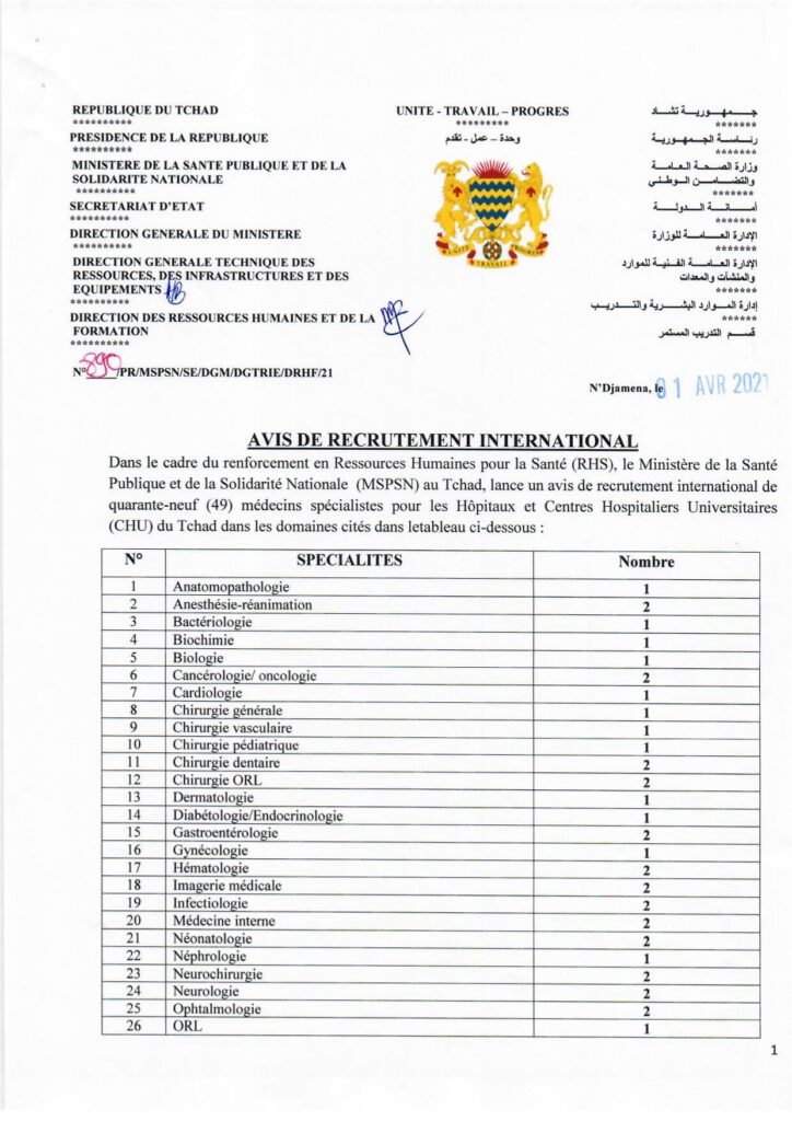 Tchad: Avis de recrutement international des 49 Médecins Spécialistes