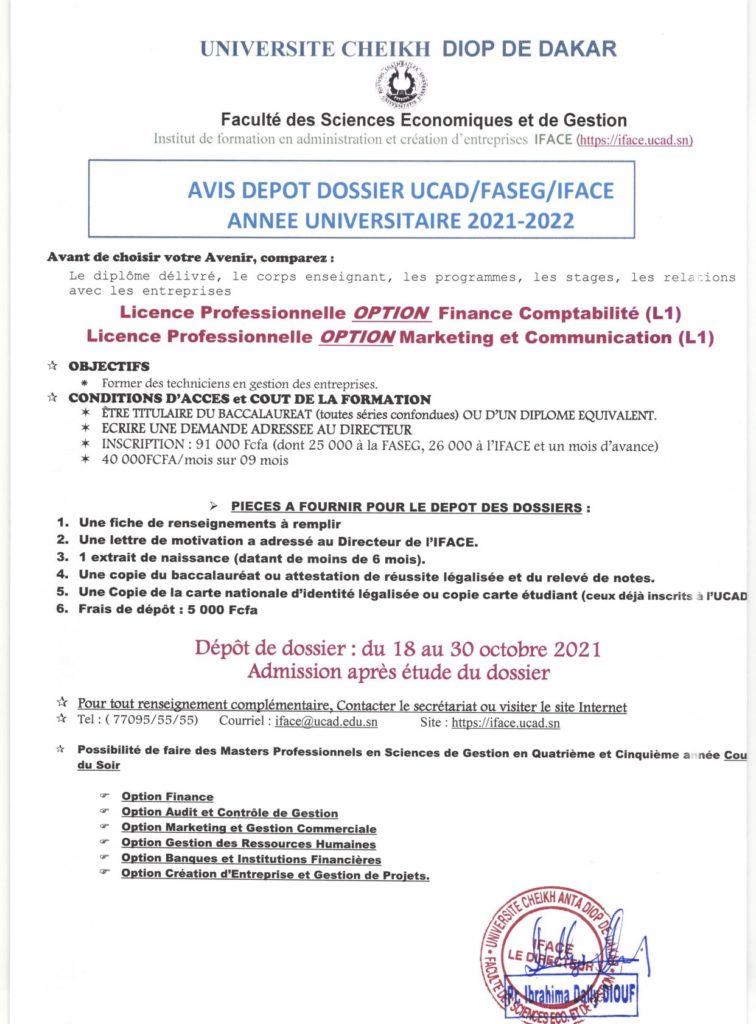 dépôt dossier en licence professionnelle concours UCAD/FASEG/IFACE 2021