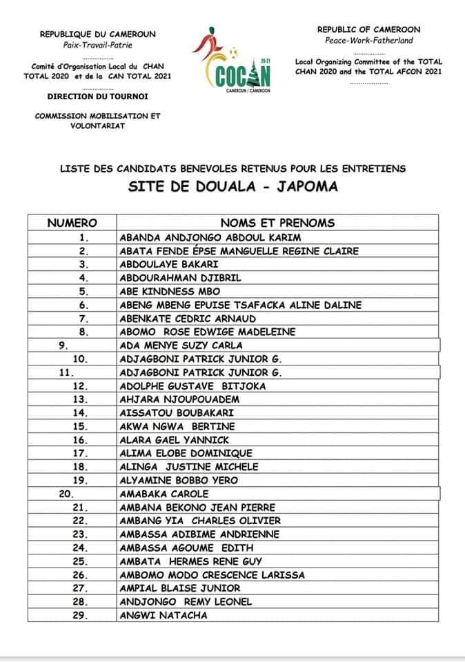 Site De Japoma Douala - Liste Des Volontaires Retenus Pour Les Entretiens CAN 2021
