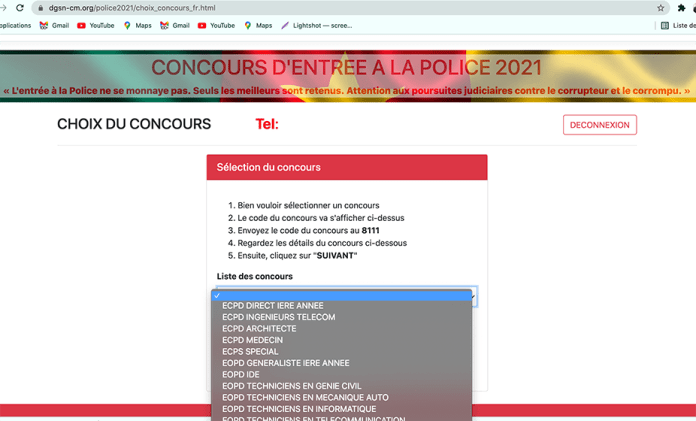 Procedure d'inscription qu Concours Police Camerounaise 2021-2022