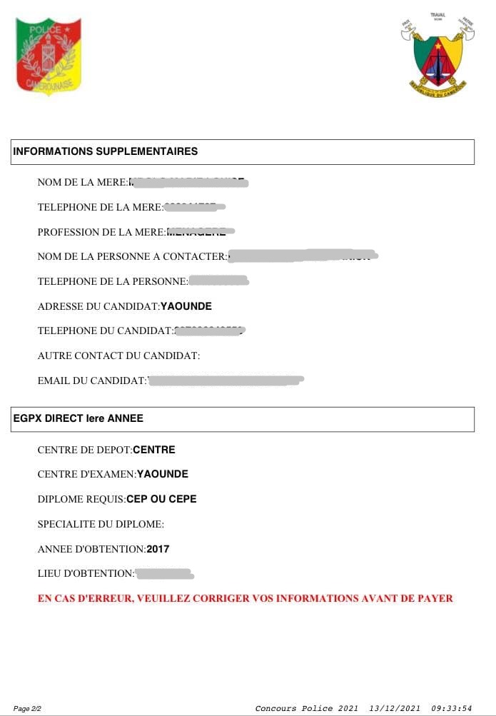 Comment obtenir la fiche d'inscription au Concours Police Camerounaise 2021-2022