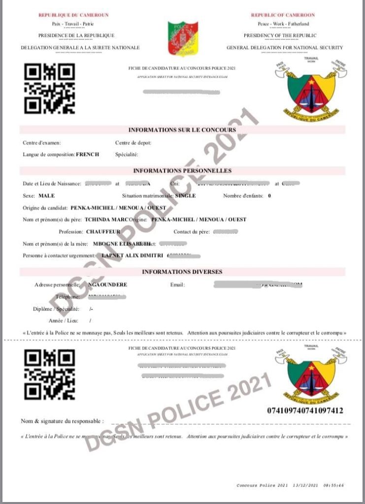 Comment obtenir la fiche d'inscription au Concours Police Camerounaise 2021-2022