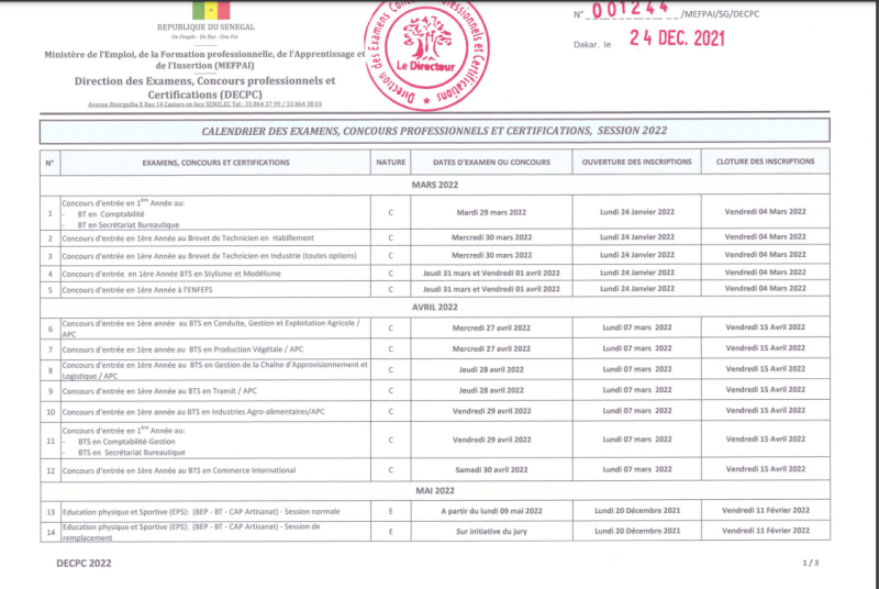 Calendrier des examens - concours professionnels et certifications au Sénégal 2022