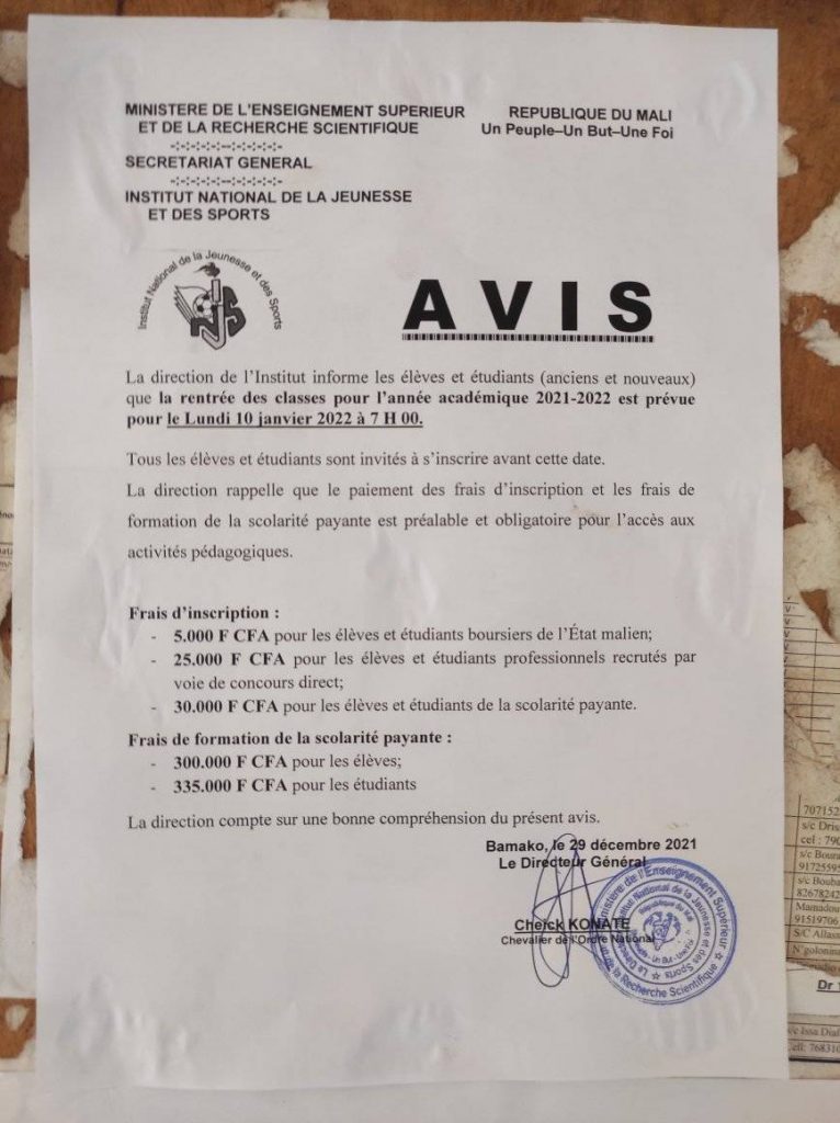 Résultats Concours INJS Mali 2021