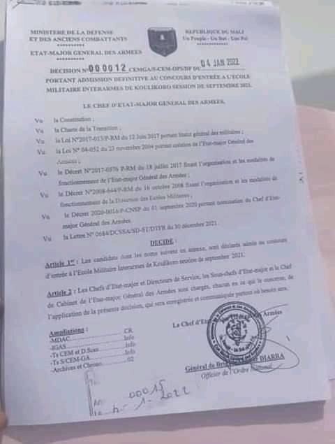 RESULTATS CONCOURS EMIA MALI 2021