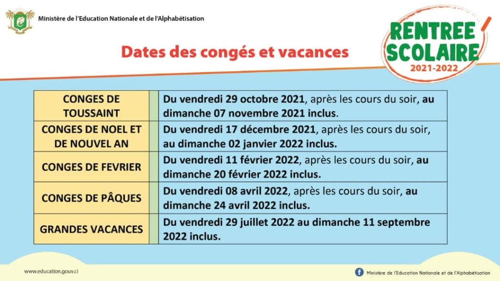 Côte d’Ivoire: Date des congés scolaires 2022