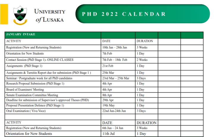 University of Lusaka PHD calendar and timetable for 2022 session - Edukamer