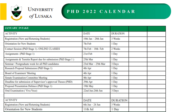 University of Lusaka PHD calendar and timetable for 2022 session