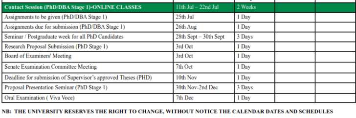 University of Lusaka PHD calendar and timetable for 2022 session