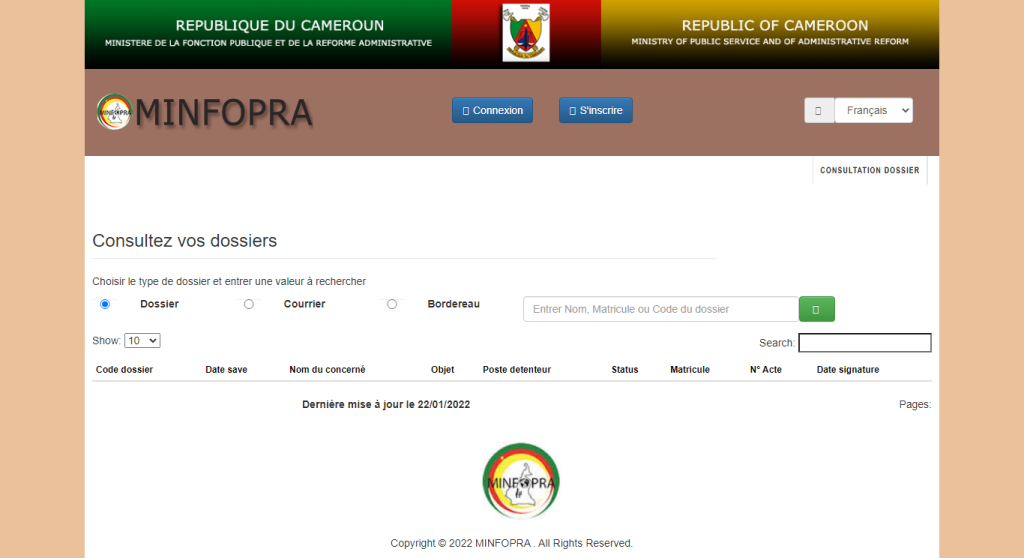 MINFOPRA: Suivi Position Du Dossier 2022 - dossier.minfopra.gov.cm