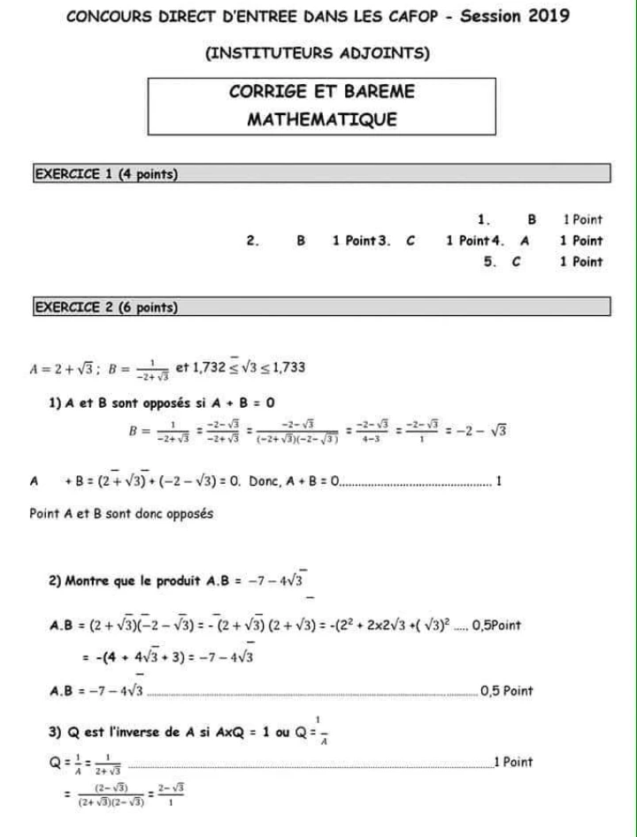 Sujet N°2 de mathématique avec sa correction.