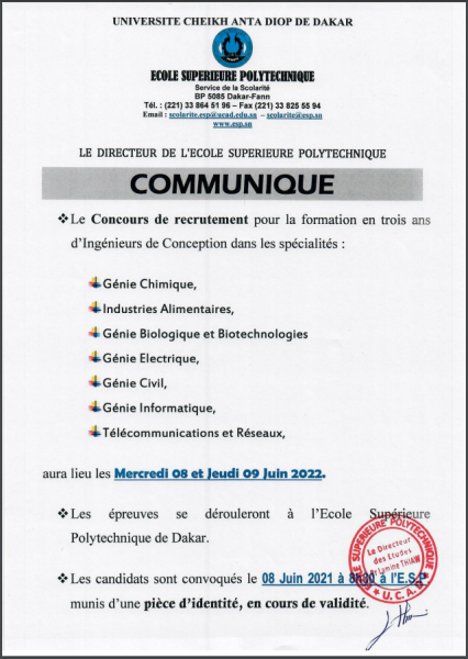 Concours d’entrée en 1ère année du deuxième Cycle DIC Formation d’ingénieurs de conception EPS 2022