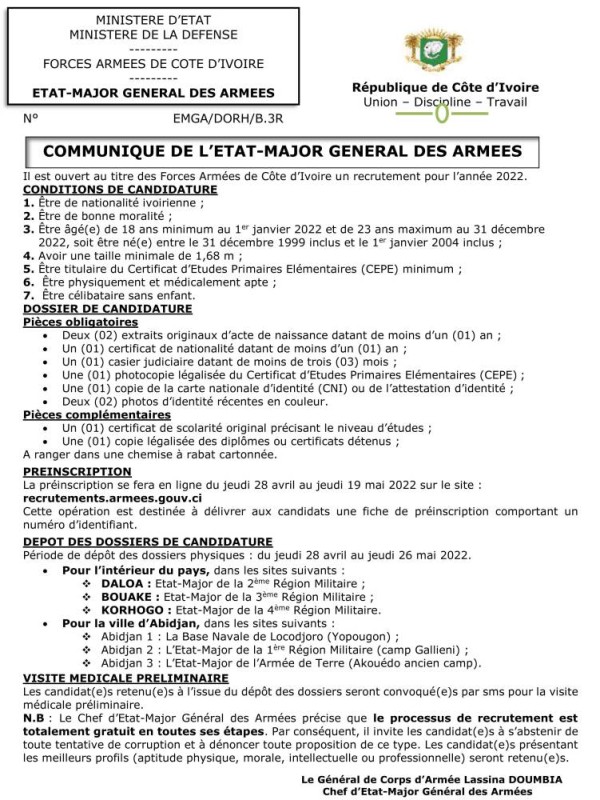Concours de Recrutement dans les forces armées Côte d'Ivoire 2022 