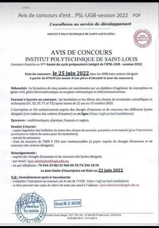 Concours IPSL 2022-2023 au Sénégal