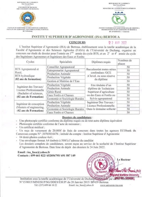 Date limite pour l'inscription au Concours ISA 2022 Bertoua