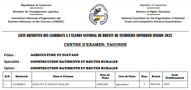 Liste définitive des candidats a l'examen de BTS 2022 Cameroun - Centre de Yaoundé