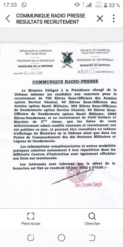 Résultats définitives Concours Gendarmerie  2022 Cameroun