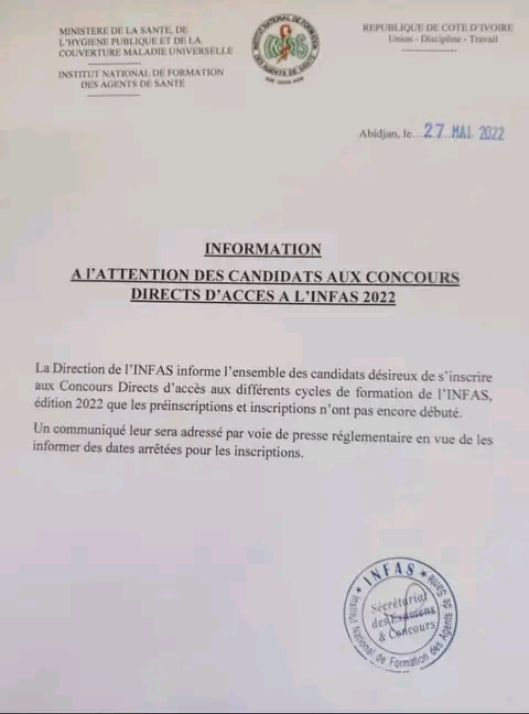 date pour le concours INFAS 2022 en Côte d'Ivoire