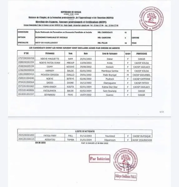 Résultats définitifs Concours ENFEFS 2022