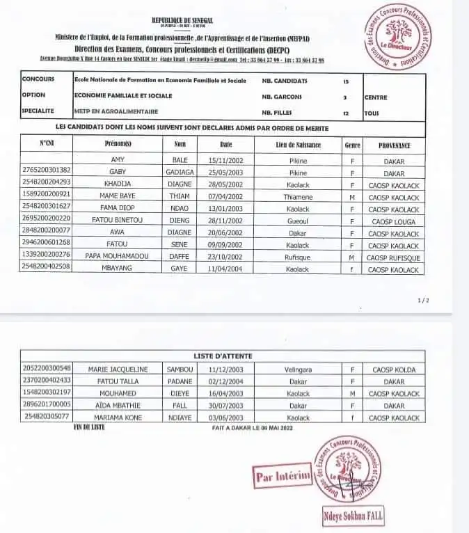 Résultats définitifs Concours ENFEFS 2022