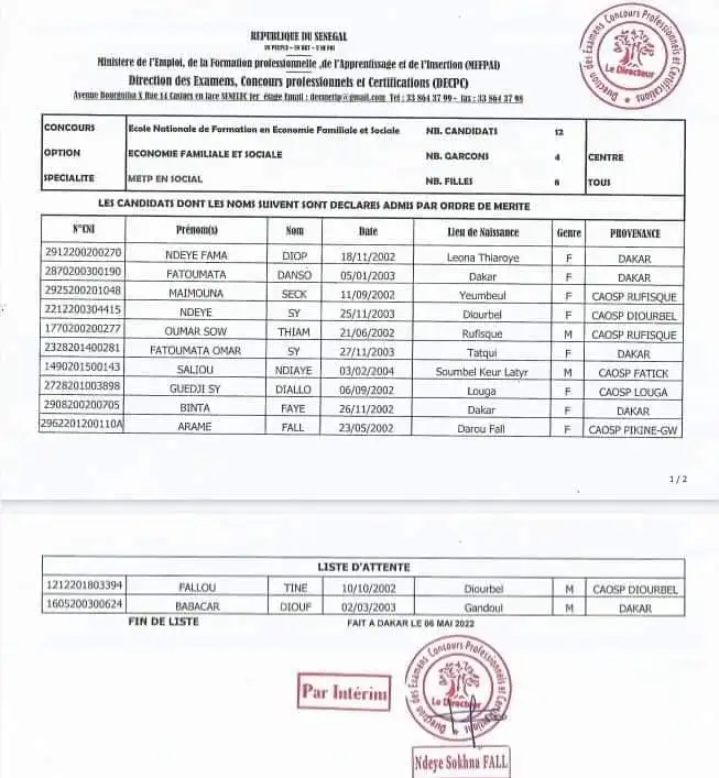 Résultats définitifs Concours ENFEFS 2022