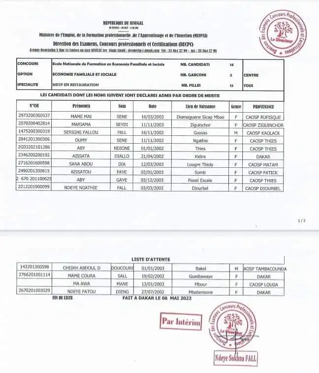 Résultats définitifs Concours ENFEFS 2022