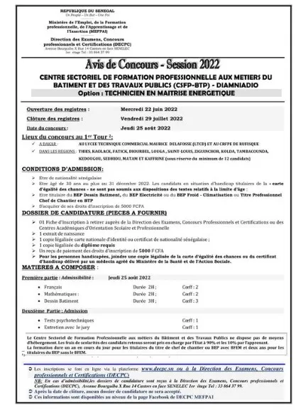 Concours d'entrée au CSFP BTP 2023-2024 de Diamniadio-Technicien en maitrise énergétique