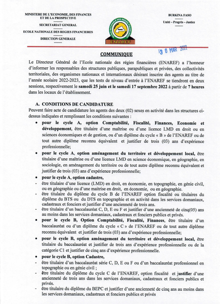Concours ENAREF 2022-2023 Burkina Faso Cycle A, B, C, D stat AD, AT