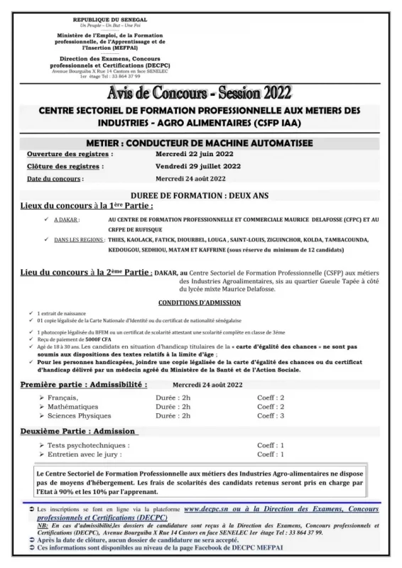 5-concours d’entrée au CSFP-IAA; Métier: conducteur de machine automatisée