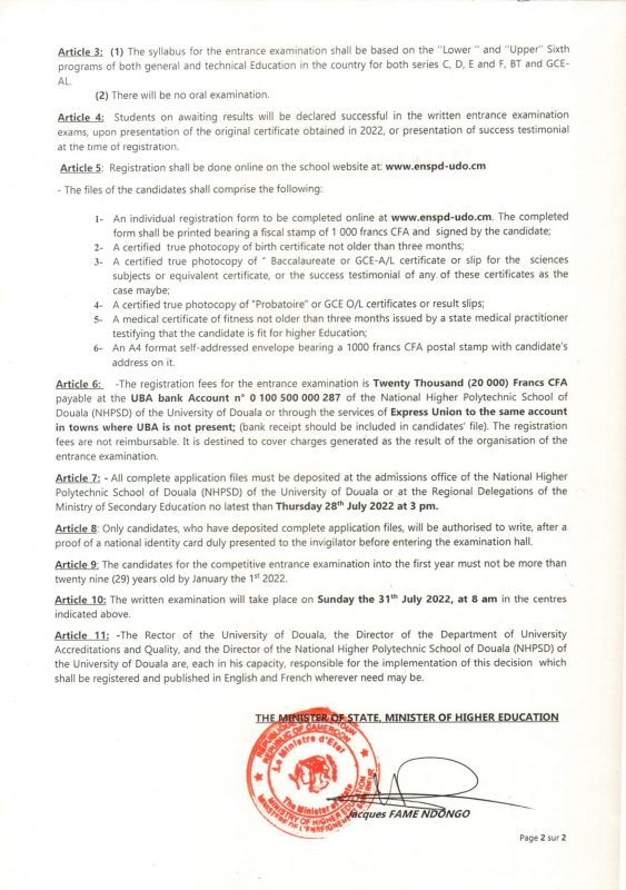 NHPSD 2022-2023 Competitive entrance examination Engineering Sciences course