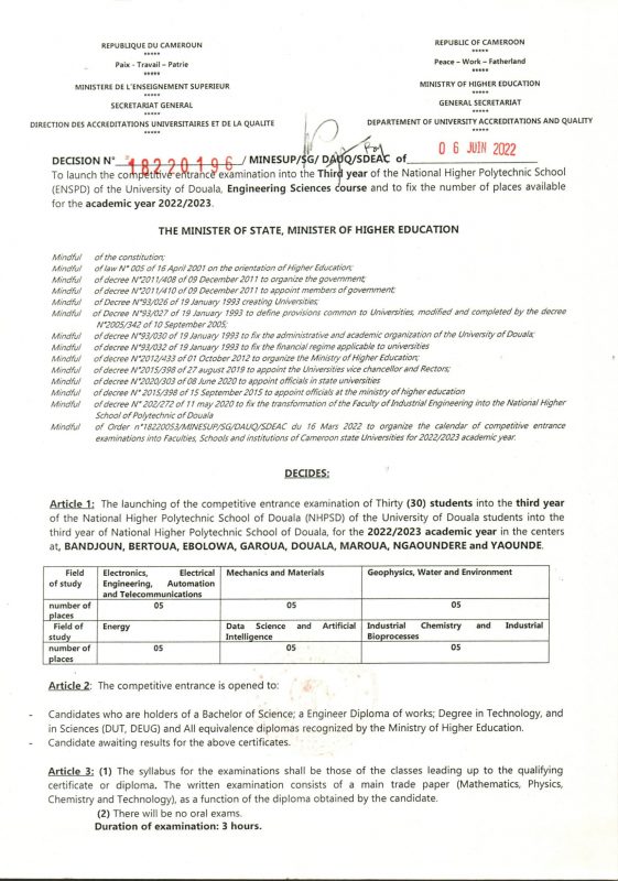 NHPSD 2022-2023 Competitive entrance examination Engineering Sciences course