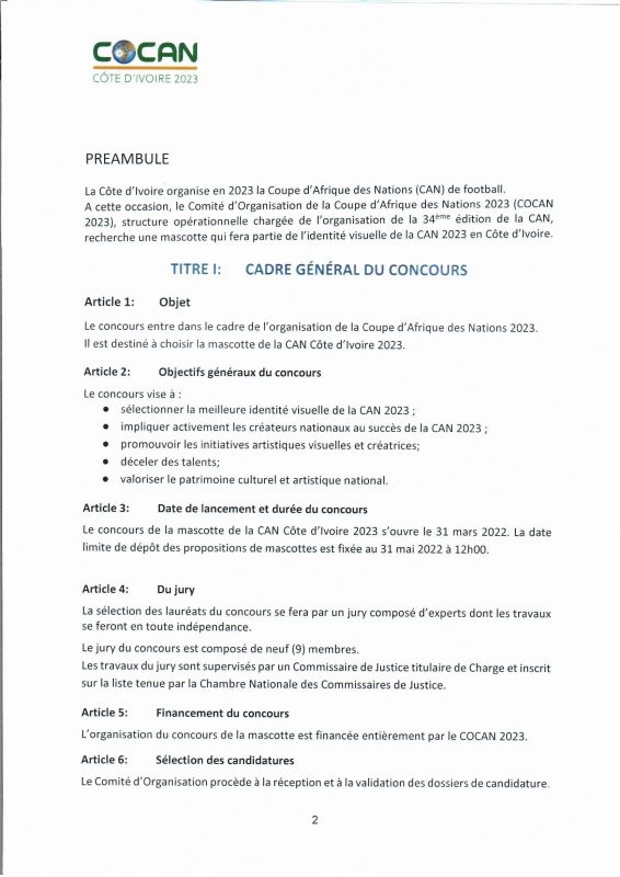 Règlement du concours du concours de la mascotte de la CAN 2023 Côte d'Ivoire