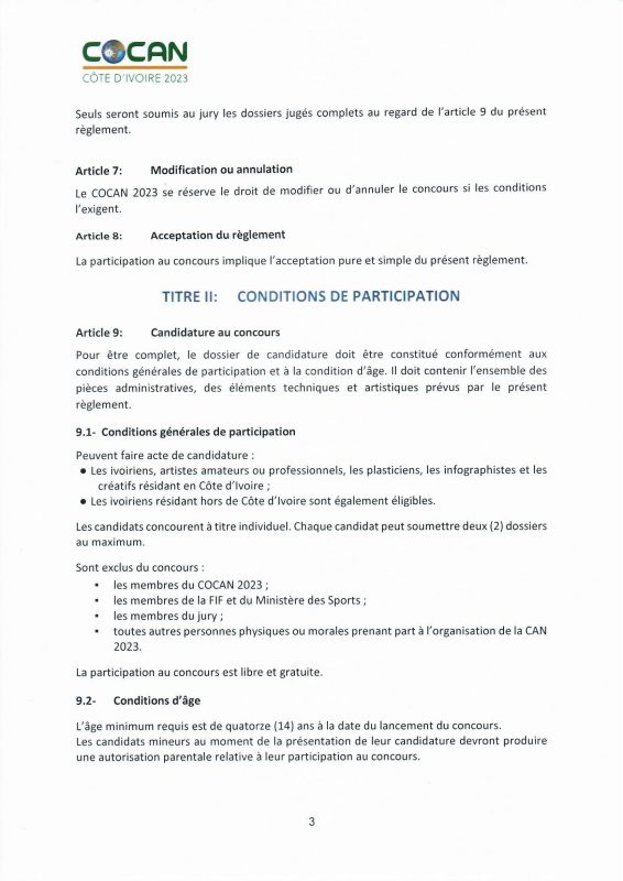 Règlement du concours du concours de la mascotte de la CAN 2023 Côte d'Ivoire