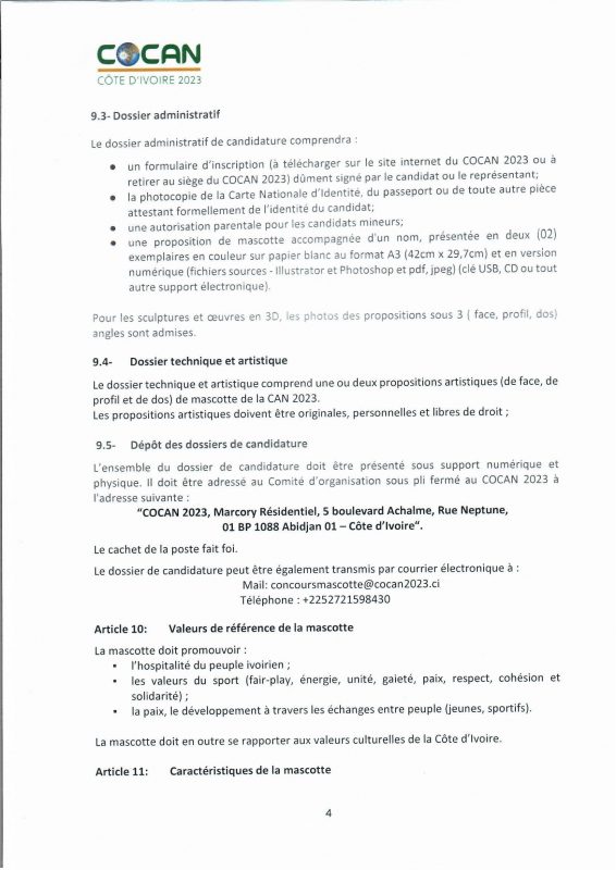 Règlement du concours du concours de la mascotte de la CAN 2023 Côte d'Ivoire