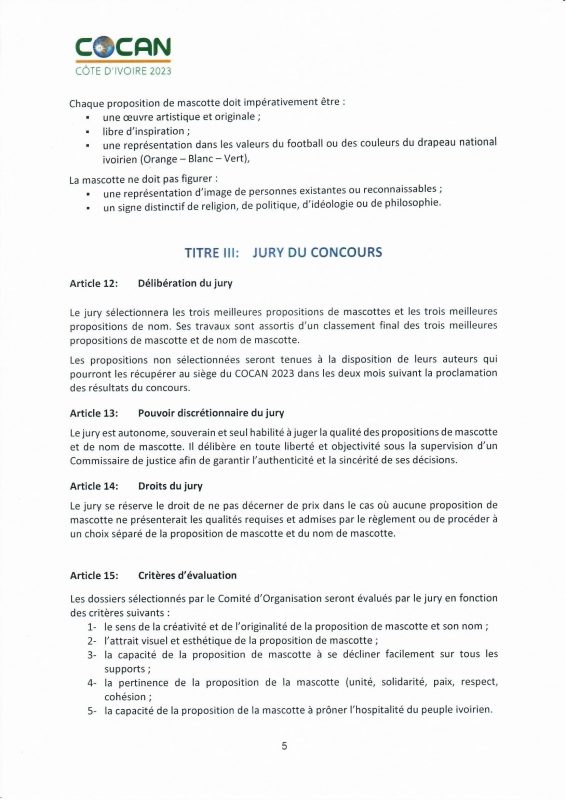 Règlement du concours du concours de la mascotte de la CAN 2023 Côte d'Ivoire