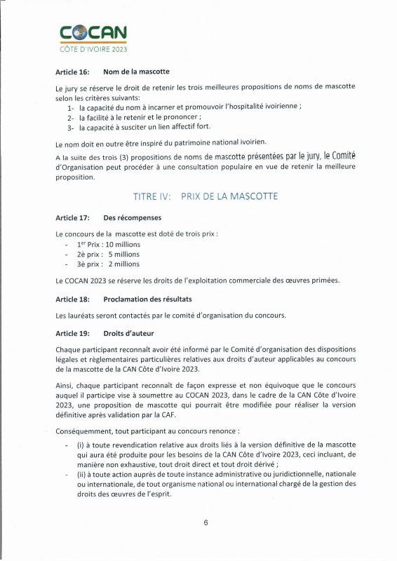 Règlement du concours du concours de la mascotte de la CAN 2023 Côte d'Ivoire