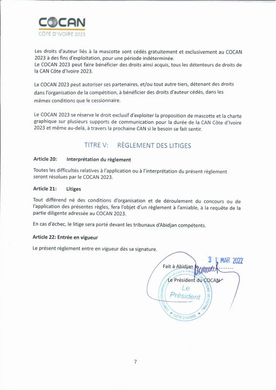 Règlement du concours du concours de la mascotte de la CAN 2023 Côte d'Ivoire