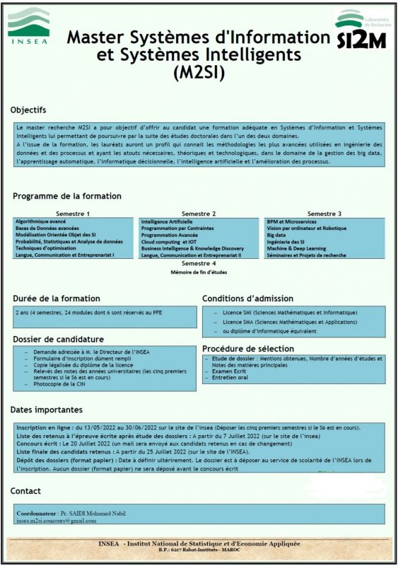 Concours INSEA Rabat Master M2SI 2022-2023