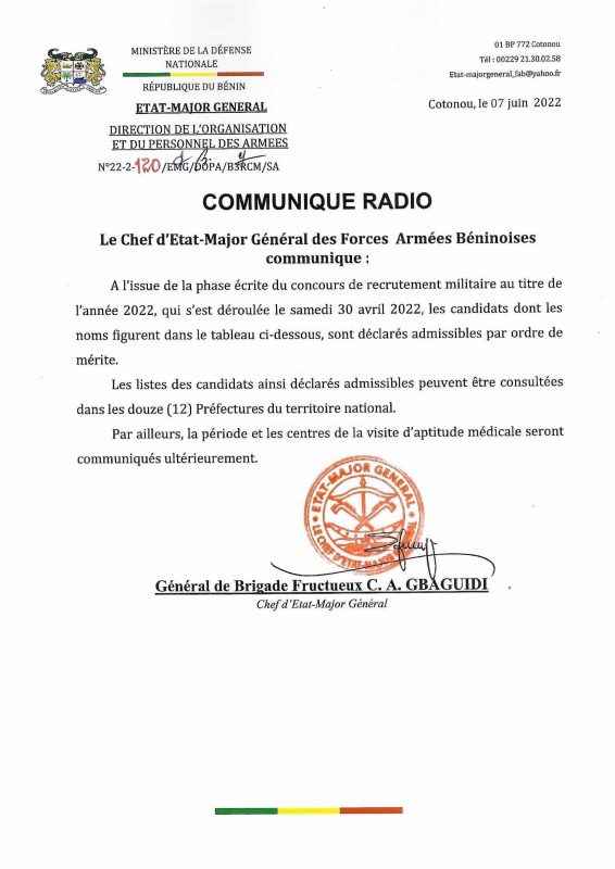 Résultats concours armée béninoise 2022