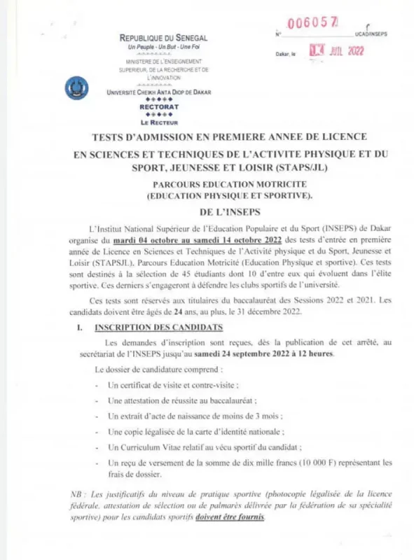 Test d'entrée INSEPS 2022-2023