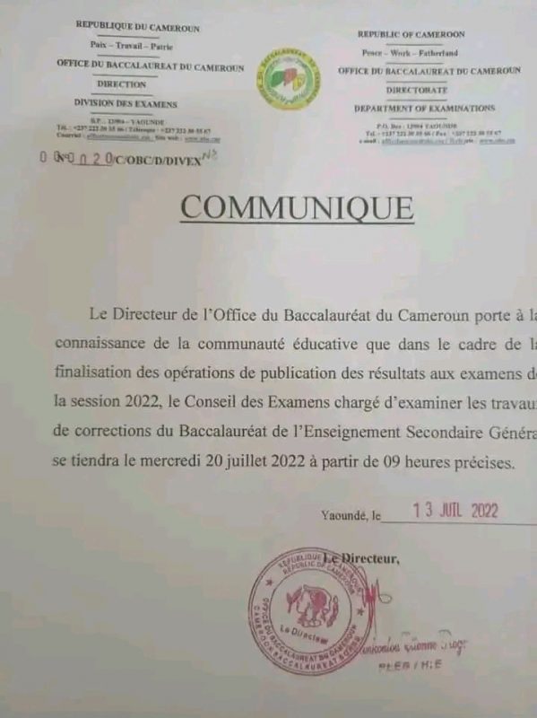 délibération des résultats du BAC ESG et EST 2022 au Cameroun