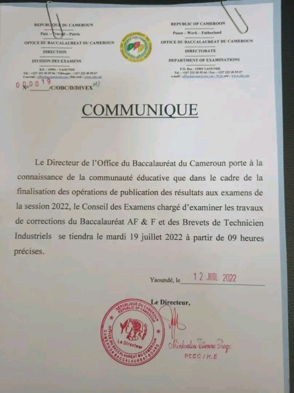 délibération des résultats du BAC ESG et EST 2022 au Cameroun