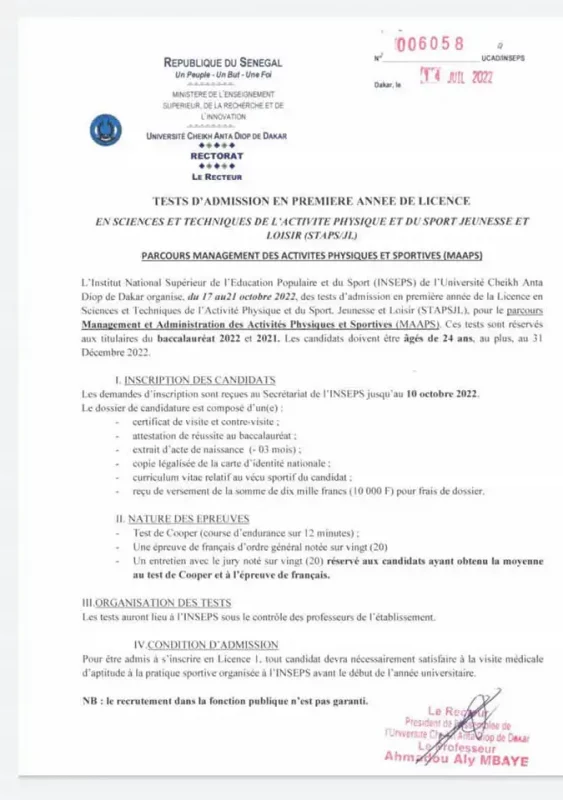 Test d'entrée INSEPS 2022-2023