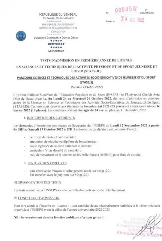 Test d'entrée INSEPS 2022-2023