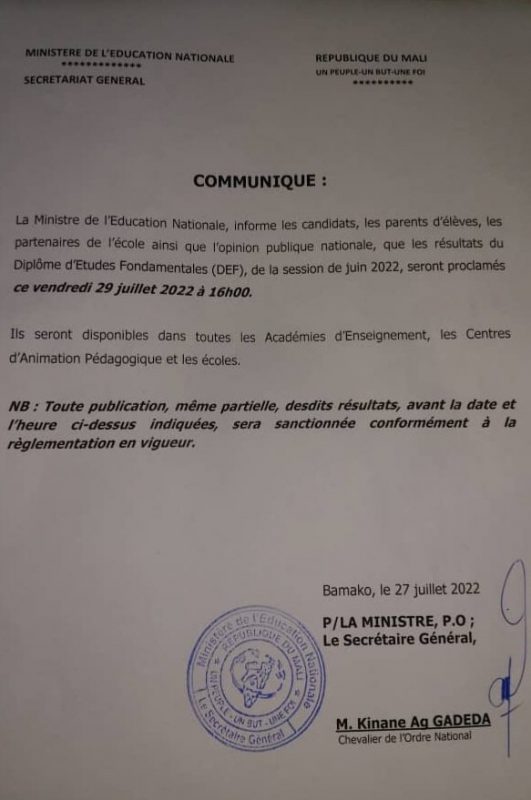 Proclamation des résultats DEF Mali 2022 ce Vendredi, Taux de réussite 47,86 %
