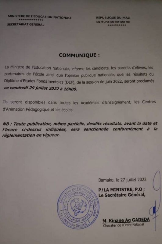Proclamation des résultats DEF Mali 2022 ce Vendredi, Taux de réussite 47,86 %