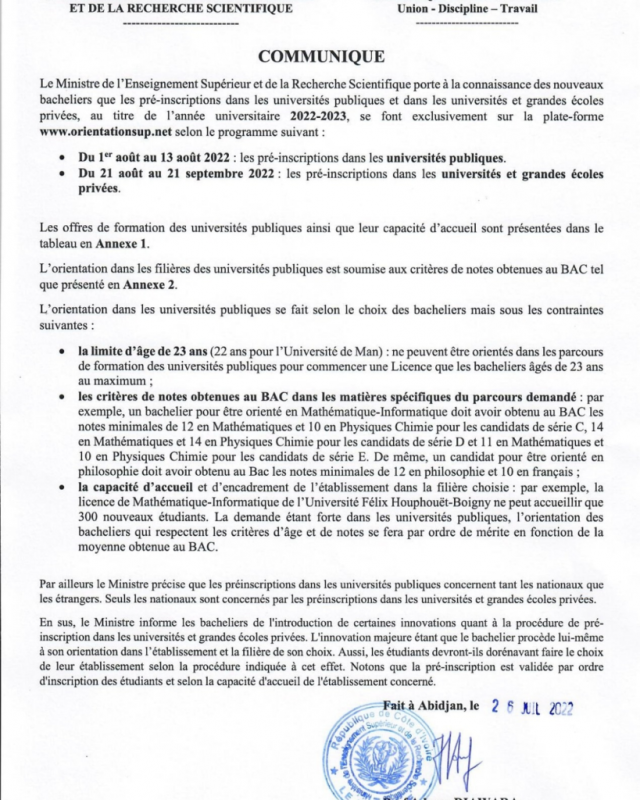 Communiqué à l'attentionnes nouveaux Bacheliers 2022 en Cote d'Ivoire