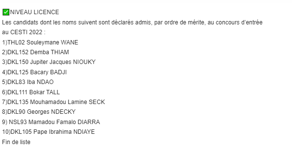 Résultats Concours CESTI 2022  Niveau Licence PDF : Liste des admis au concours CESTI Niveau Licence