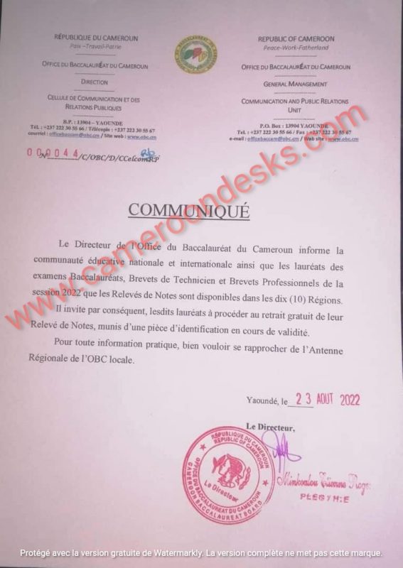 OBC: Les Relevés BAC 2022 au Cameroun sont disponible