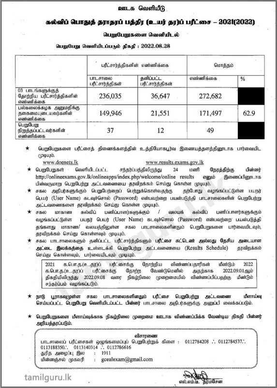 Check Sri Lanka  A/L GCE results 2022